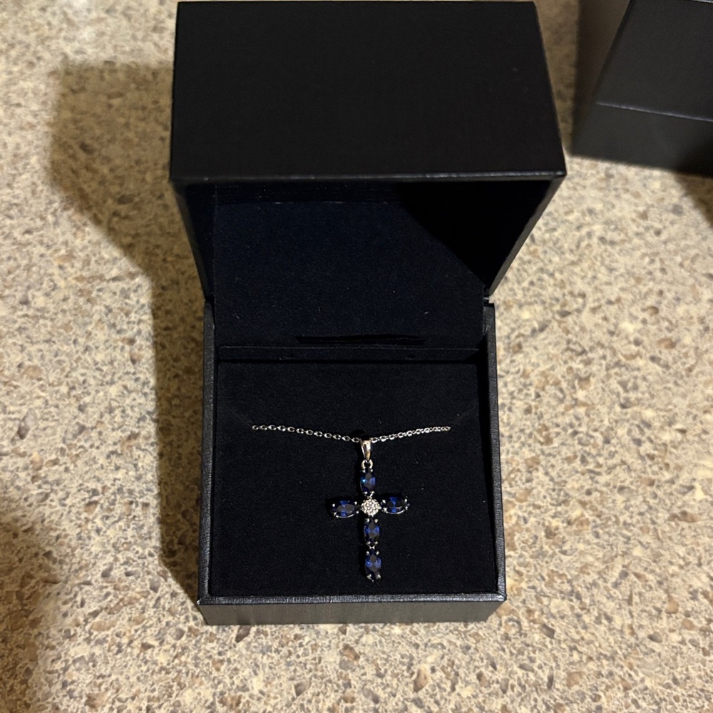 Marquis-cut Blue & White Sapphire Cross Necklace -Sterling Silver Authentic
-18” - Picture 2 of 15
